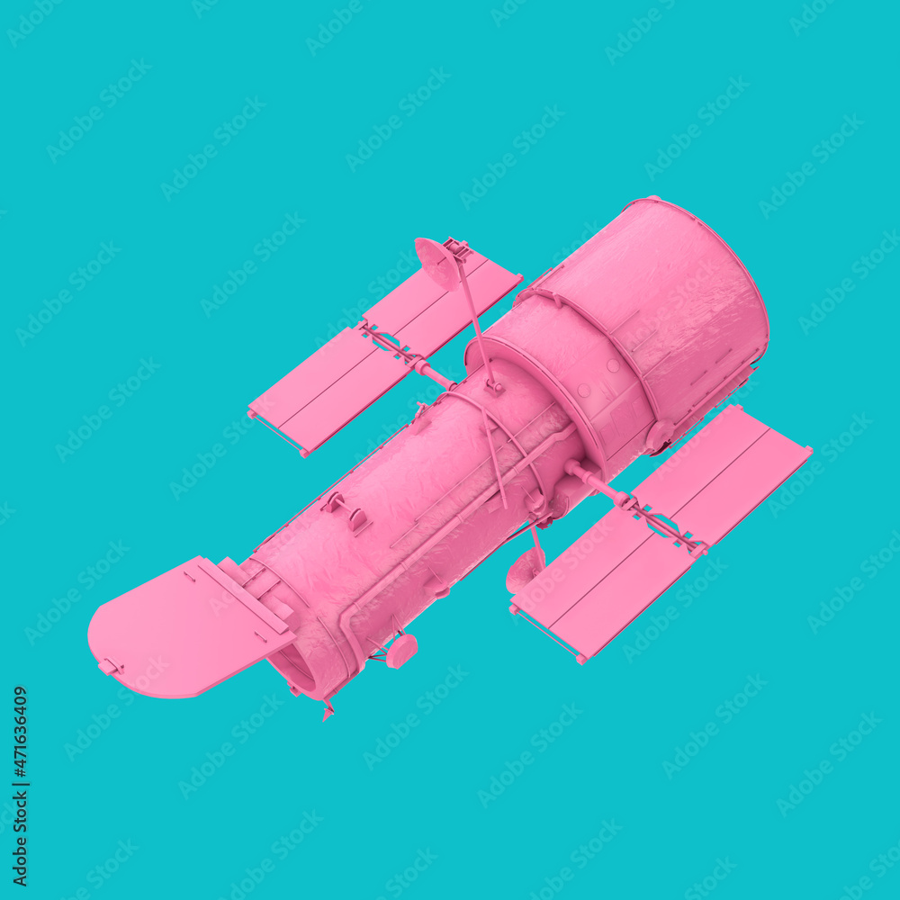 Poster pink space telescope hubble in duotone style. 3d rendering