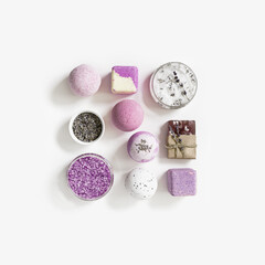 Natural Lavender essential fragrance aromatherapy, bath bomb, soap, jar with sea salt and dried...