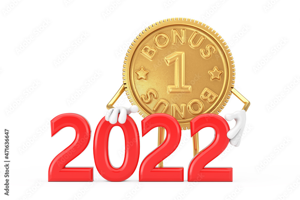 Aufkleber golden loyalty program bonus coin person character mascot with red 2022 new year sign. 3d rendering