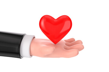 Obraz premium Cartoon Hand Holding Red Heart. 3d Rendering