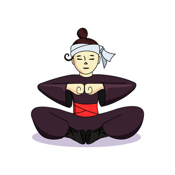 Vector illustration of sitting cute ninja isolated on white background