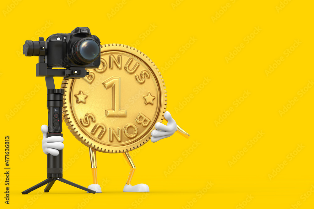 Aufkleber golden loyalty program bonus coin person character mascot with dslr or video camera gimbal stabiliza