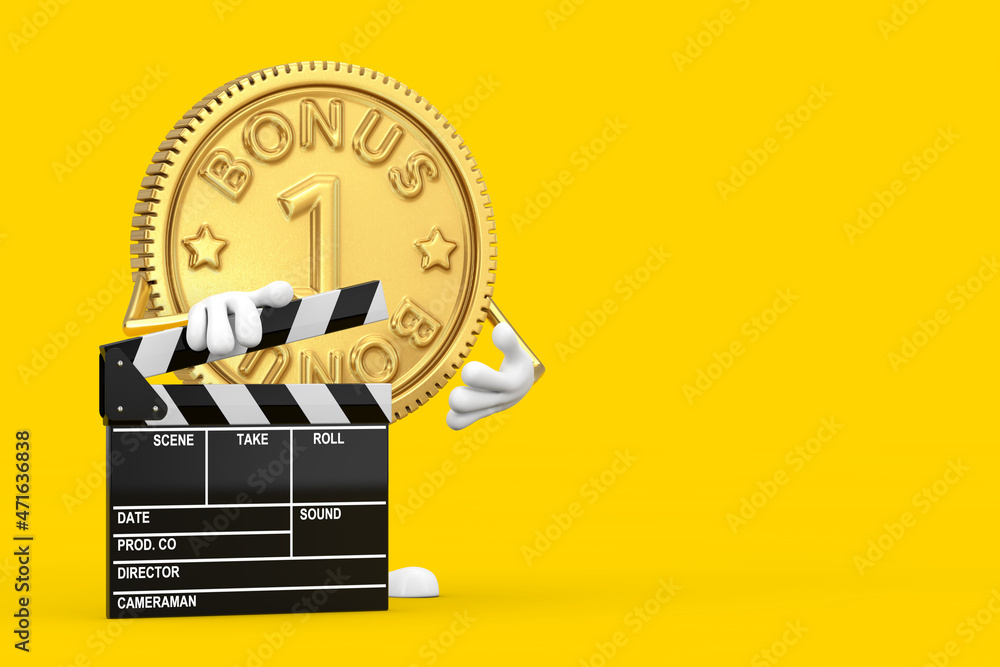 Aufkleber golden loyalty program bonus coin person character mascot with movie clapper board. 3d rendering
