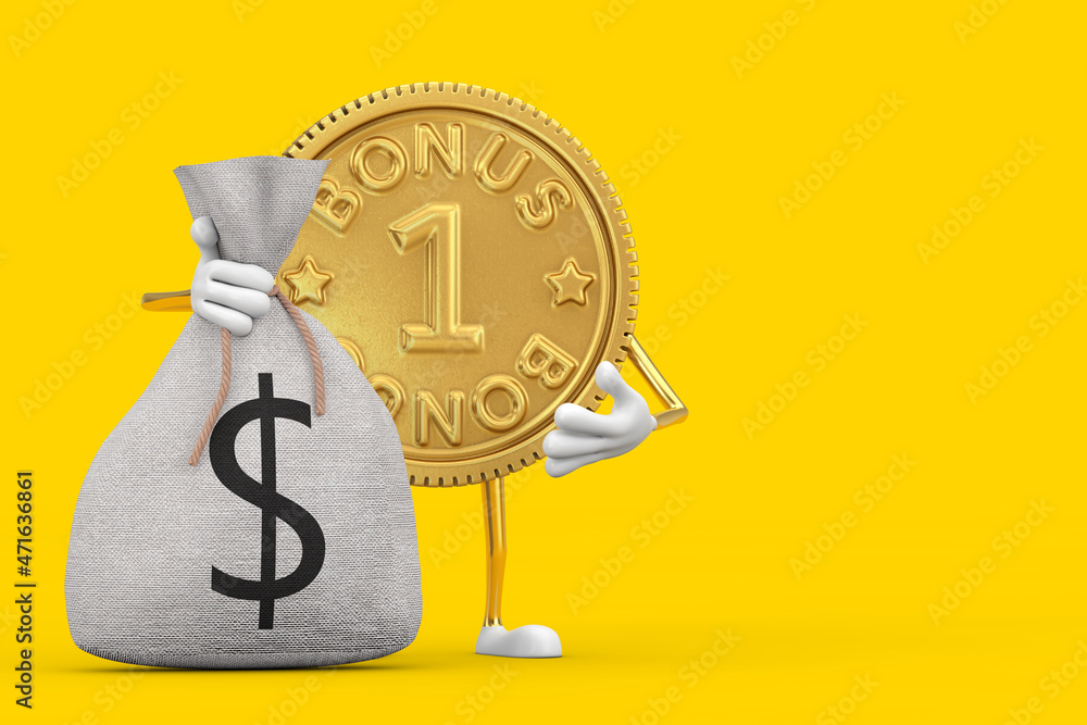 Aufkleber golden loyalty program bonus coin person character mascot with tied rustic canvas linen money sack o
