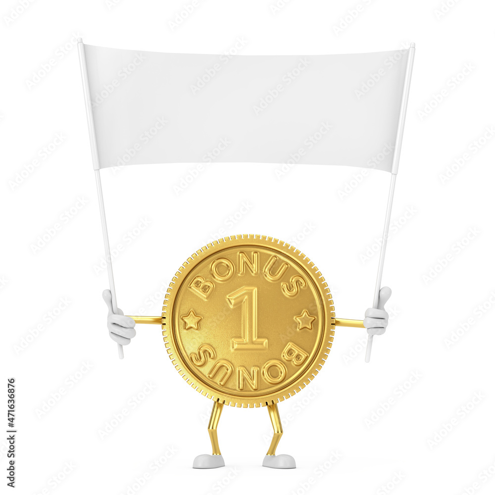 Leinwandbilder golden loyalty program bonus coin person character mascot and empty white blank banner with free spa