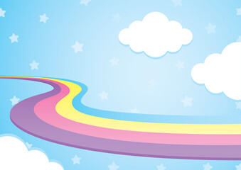 cute colorful kawaii rainbow way with cloud on blue sky illustration vector - obrazy, fototapety, plakaty