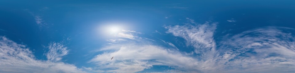 Blue sky with clouds panorama, without ground. Complete zenith for easy use in 3D graphics and panorama for composites in aerial and ground spherical panoramas as a sky dome.