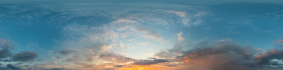 Dark blue sunset sky panorama with Cirrus clouds. Seamless hdr pano in spherical equirectangular format. Complete zenith for 3D visualization, game and sky replacement for aerial drone 360 panoramas.
