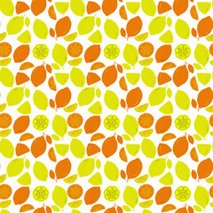 Seamless background. Drawn by hand. Shown are yellow and orange lemons in whole and in section. Can be used for fabric, wallpaper, background, wrapping paper.