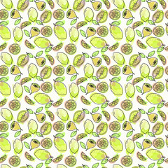 Seamless background. Drawn by hand. Depicted lemons in whole and in section. Can be used for fabric, wallpaper, background, wrapping paper.