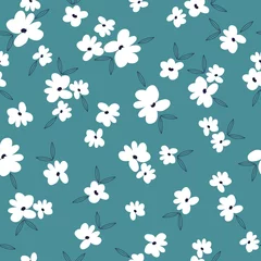 Selbstklebende Fototapeten Nahtloses Vintage-Muster. Wunderschöne weiße Blüten. Türkisfarbener Hintergrund. Vektortextur. Modischer Druck für Textilien und Tapeten. © Алена Шенбель