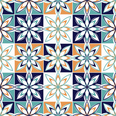 Seamless vector tile pattern. Colorful lisbon, mediterranean floral ornament pattern. Square flower mosaic. Arabic, Turkish, Pakistan, Moroccan, Portuguese motifs vector