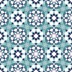 Vintage seamless pattern in Portugal style. Azulejo. Seamless patchwork tile in blue and white colors. Endless pattern can be used for ceramic tile, wallpaper, linoleum, textile, web page background