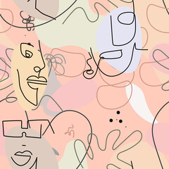 One line drawing. Abstract face seamless pattern.