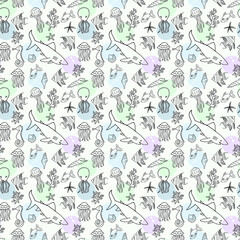 Seamless background. Drawn by hand. Depicted are shark, fish, shells, corals, jellyfish, octopuses, starfish. Can be used for fabric, wallpaper, background, wrapping paper.