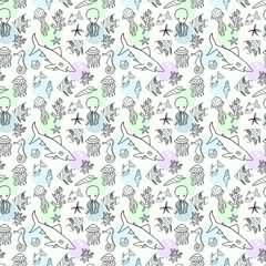 Seamless background. Drawn by hand. Depicted are shark, fish, shells, corals, jellyfish, octopuses, starfish. Can be used for fabric, wallpaper, background, wrapping paper.