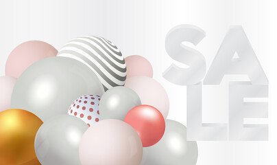Sale banner design with silver, pink and gold balls, 3d round spheres. Great discount sale banner design in 3d illustration. Sale Promotion Poster and shopping template. Shopping now. Vector EPS10.