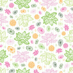 Vector white scattered colourful lotus flowers and water lily pads seed pods repeat pattern with faint stripes. Suitable for textile, gift wrap and wallpaper.