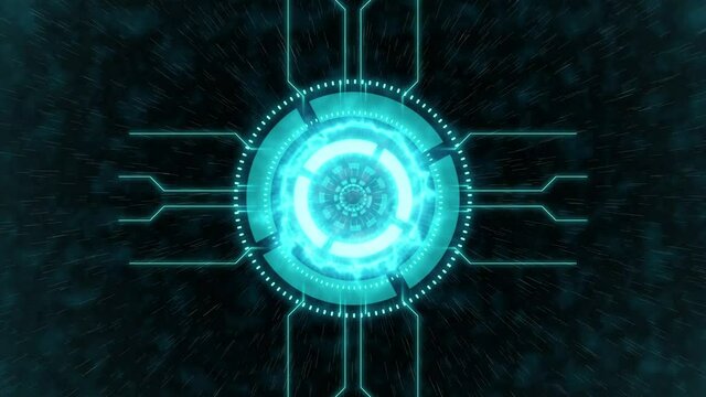 Animation of a big bang and a circuit burst. Abstract digital portal and micro scheme elements. Cyber concept render.