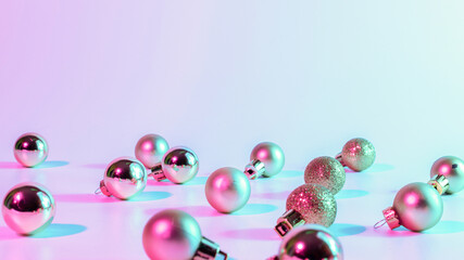 Christmas balls pattern neon background. Xmas bauble on abstract holiday winter gradient backdrop. Happy new year copy space.