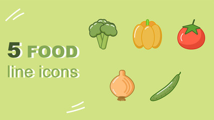 colored icons of healthy food broccoli, pepper, cucumber, tomato onion