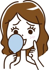 女性　手鏡　美容　肌荒れ　顔　表情　笑う　困る