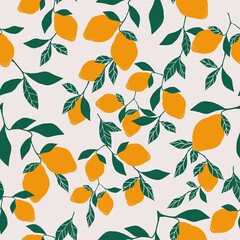 seamless citrus patern. light background. ripe lemons on a branch . vector texture. trendy print for textiles and wallpaper.