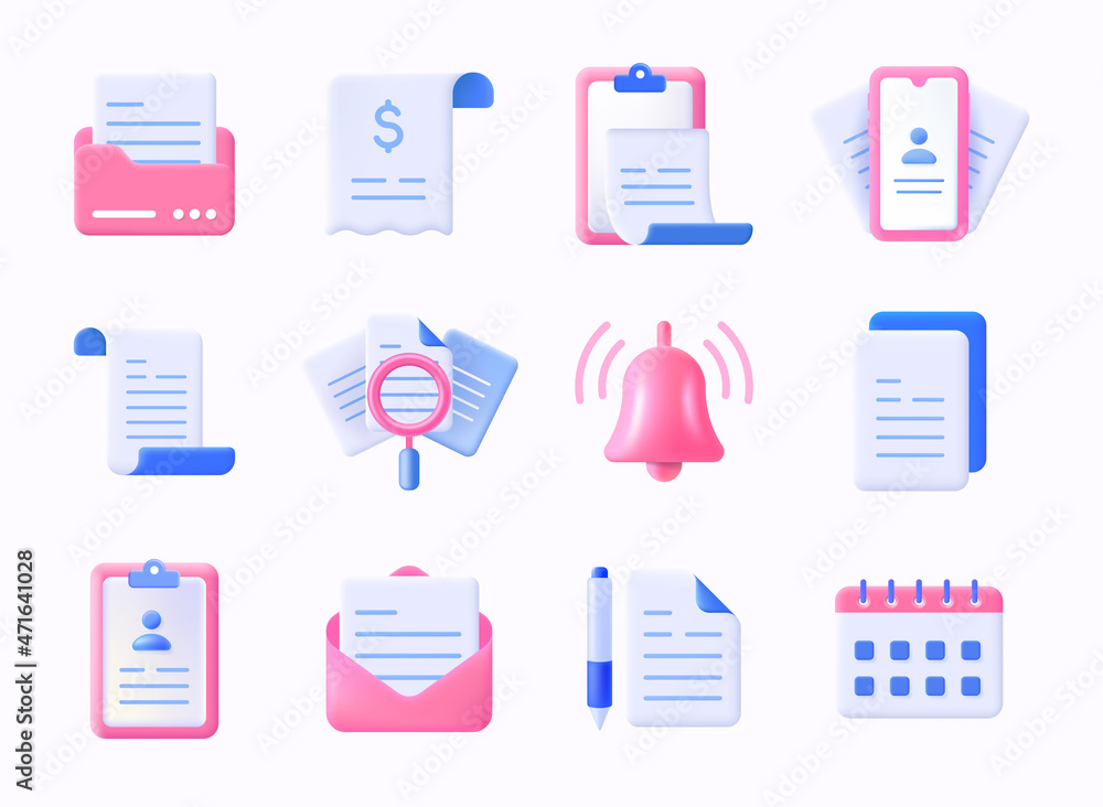Aufkleber Realistic documents icon. 3D plastic contract form and paper check list. Work documentation files. Envelope or calendar signs. Ringing bell. Clipboard and folder. Vector doc symbols set