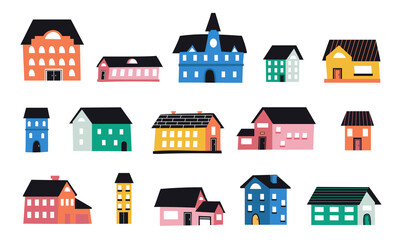 Cute abstract houses set. Funny flat doodle city and town buildings with tiny roofs, cottage facades with windows and small brick elements. Vector hand drawn cozy modern collection