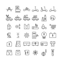 Set of eco-friendly icons. Editable stroke. Pixel perfect 64x64 For web and mobile. Icons such as electric scooters, recycle waste, clean energy, reuse plastic glass.