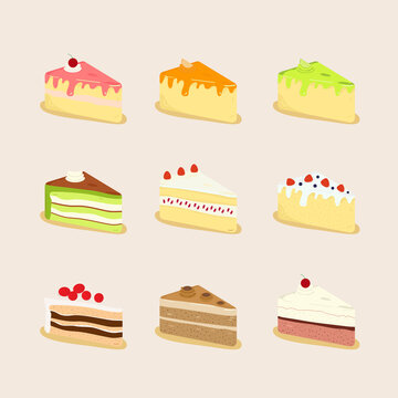vector illustration Set of cake 3D, flat icon. Colorful sweet cakes.

