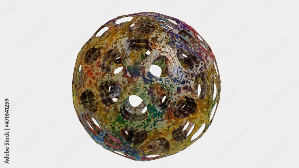 Poster abstract ball with holes rotates slowly on a white background. looped animation. 3d render