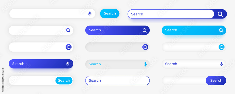 Poster Website search button. Empty input field with cursor and interface elements. Blank digital frames. Magnifier and microphone UI signs. Vector finding information boxes set with icons