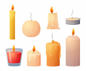 Cartoon candles. Birthday cake decoration. Lighted wick of wax candlelight. Romantic anniversary and Christmas celebration ignited candlesticks. Vector burning festive elements set