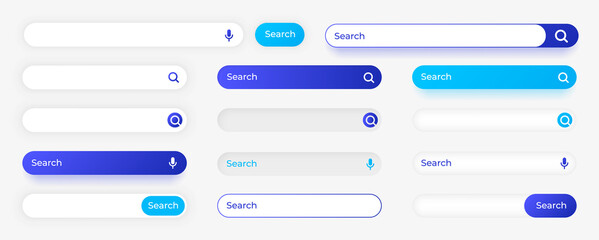 Website search button. Empty input field with cursor and interface elements. Blank digital frames. Magnifier and microphone UI signs. Vector finding information boxes set with icons - obrazy, fototapety, plakaty