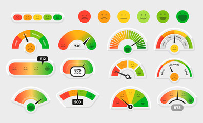 Customer satisfaction meter. Stress level gauge graph. Progress chart with smile faces. Emotion rate measuring interface. Feedback or survey. Feeling indication. Vector dial diagrams set - obrazy, fototapety, plakaty
