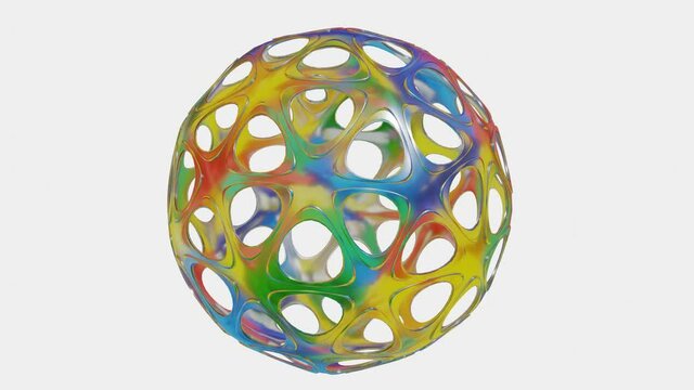 rainbow ball with holes rotates slowly on a white background. looped animation. 3d render