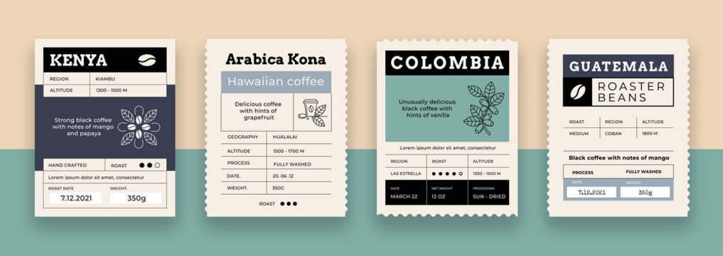 Coffee label. Food package label mockup with minimalistic grid layout. Organic Arabica espresso sticker with place for text. Caffeine roasted beans packaging. Vector vintage brand tag set