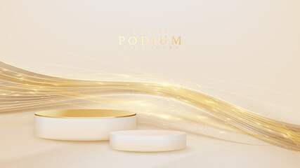 Cream color podium with golden curve line elements and glitter light effects, Luxury banner background design.