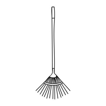 Doodle garden rake illustration in vector. Hand drawn garden rake in vector. Garden broom illustration in vector.