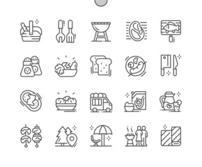 Picnic elements. Grill cutlery. Holiday, outdoors, vacation and weekend. Grill food and cooking. Tourist trailer. Pixel Perfect Vector Thin Line Icons. Simple Minimal Pictogram