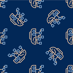 Line Humanoid robot icon isolated seamless pattern on blue background. Artificial intelligence, machine learning, cloud computing. Vector