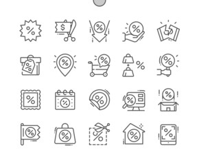 Discounts. Price reduction. Store and shop. Shopping day. Promotion, special price. Pixel Perfect Vector Thin Line Icons. Simple Minimal Pictogram
