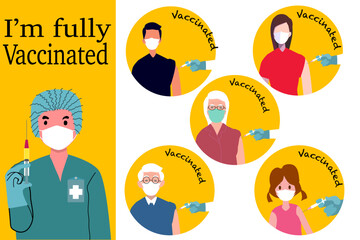 Illustration of human was fully vaccinated for body immune. Logo and Picture design for Web banner about campaign for safe people with fully vaccinated.