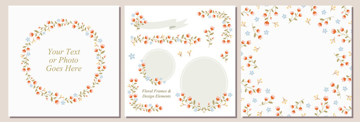 Set of floral wreath, square background, and decorative design elements with cute pink flowers. Can be used for wedding or baby shower invitation, greeting cards, scrapbooking, etc.
