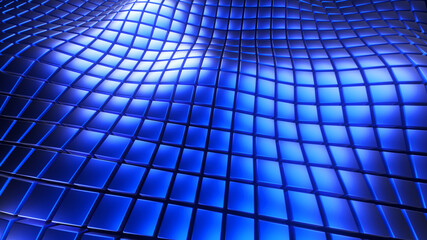 Background 3D with blue cubes waves field, abstract technology design, fantastic sea of neon glowing hexahedron pattern, 3D render illustration background.