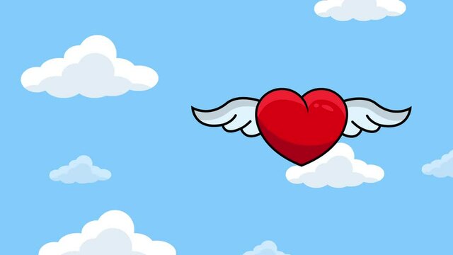 cartoon heart with wings fly animation.4K Video motion graphic animation.cartoon heart fly with clouds animation