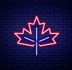 Glowing neon line Canadian maple leaf icon isolated on brick wall background. Canada symbol maple leaf. Colorful outline concept. Vector