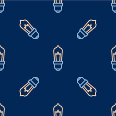 Line Light bulb with concept of idea icon isolated seamless pattern on blue background. Energy and idea symbol. Inspiration concept. Vector