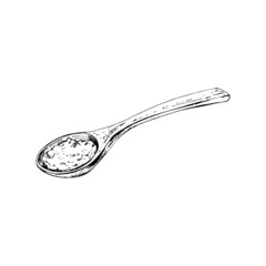 Wooden spoon with crushed piece salt. Vintage vector hatching